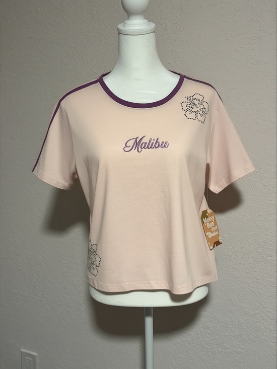 Messy Bun Just Chillin Tops - NWT Messy Bun Just Chillin Malibu Ringer Tee Y2K Pink Purple Hibiscus XL